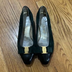 Classic Ferragamo dark green suede bow heel. Resoled.